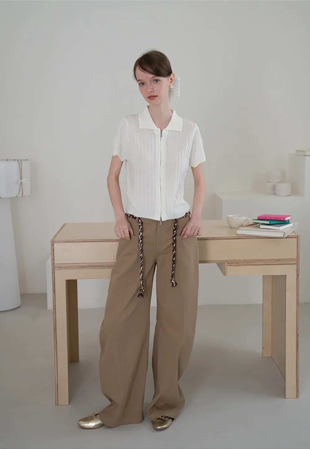 Wide-Leg Trousers with Braided Drawstring Detail