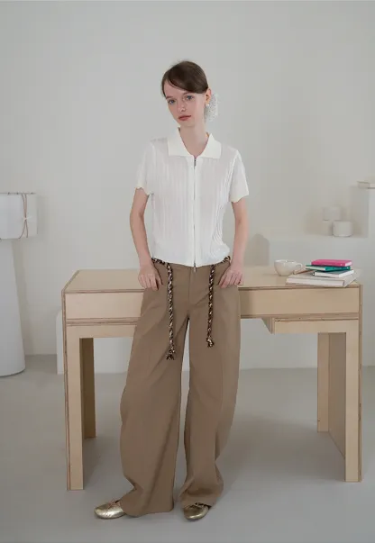Wide-Leg Trousers with Braided Drawstring Detail