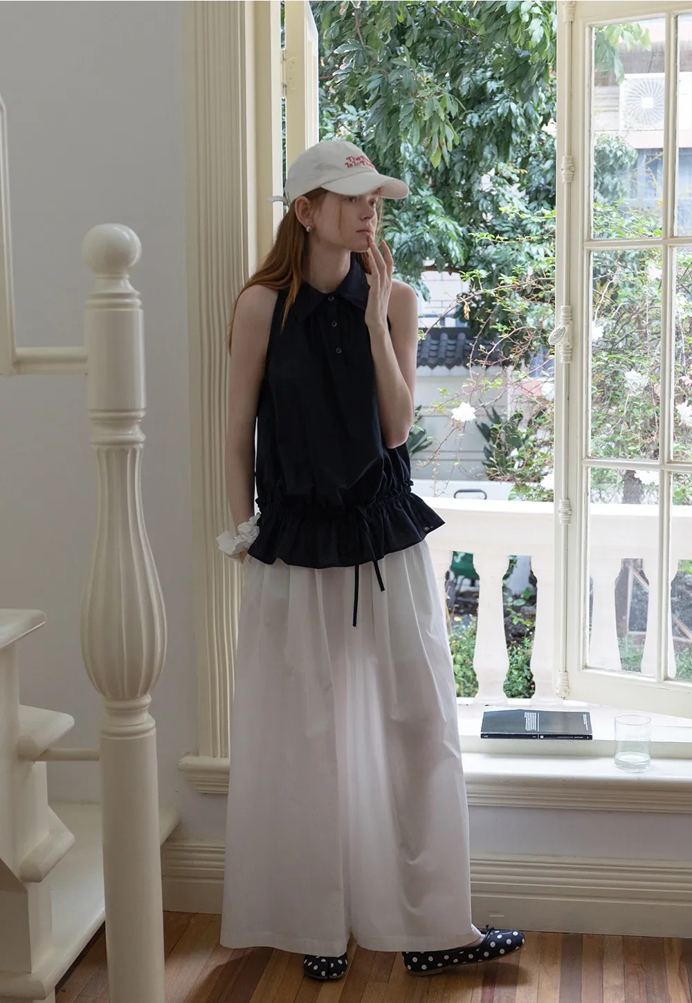 Drawstring Hem Sleeveless Collared Top