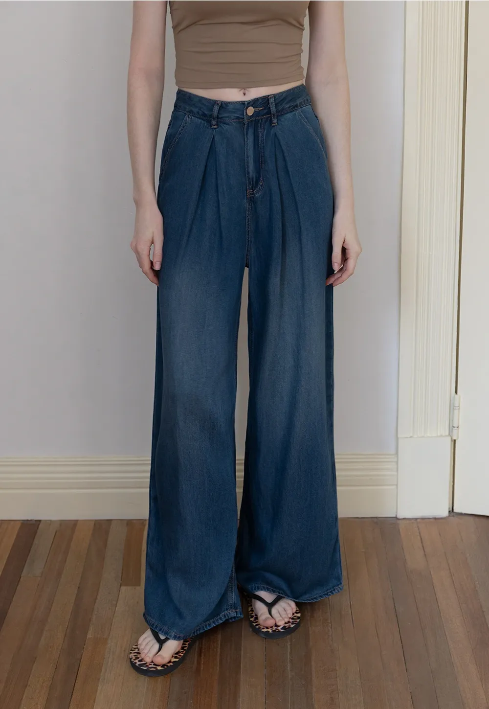 Relaxed Pleated Wide-Leg Denim Trousers