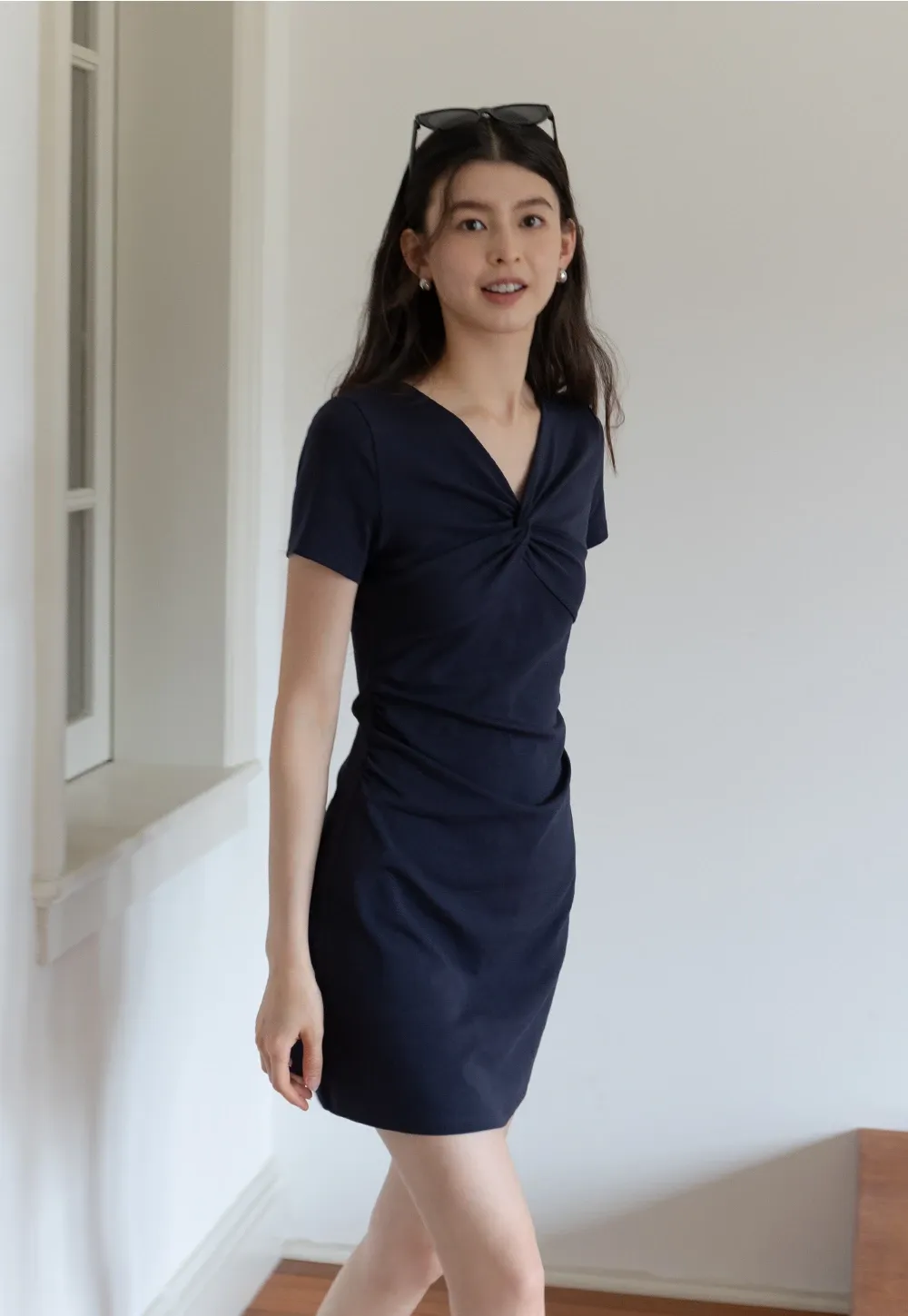 Women's Twist Front Short Sleeve Mini Dress Ruched Slim Fit