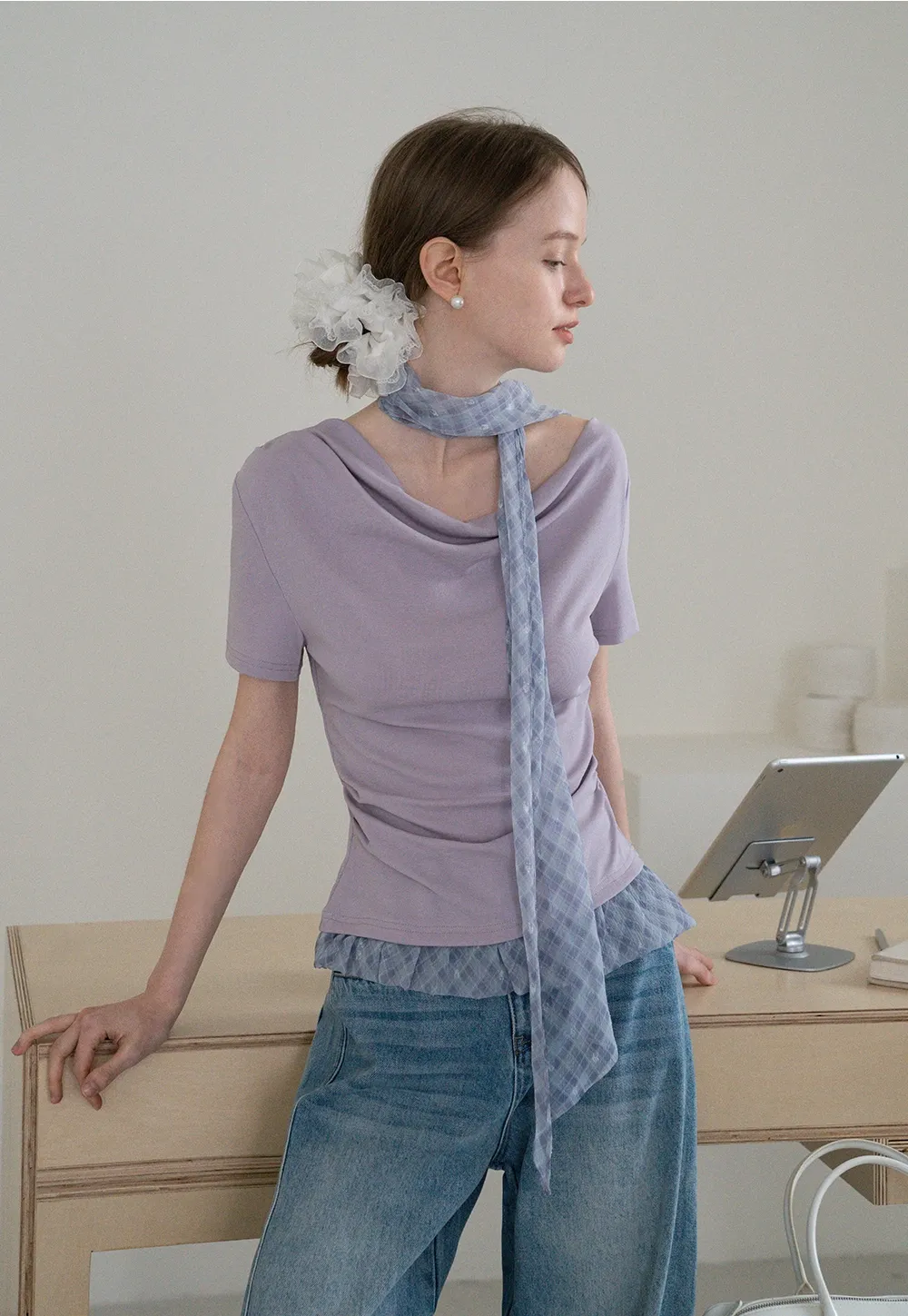 Draped Neck Top and Ruffle Hem