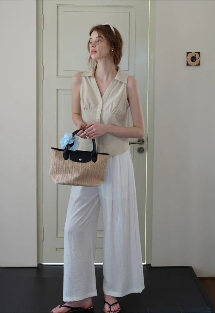 Women’s Linen Collared Button-Front Sleeveless Top
