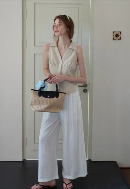 Women’s Linen Collared Button-Front Sleeveless Top