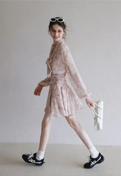 Romantic Floral Layered Dress with Belted Waist