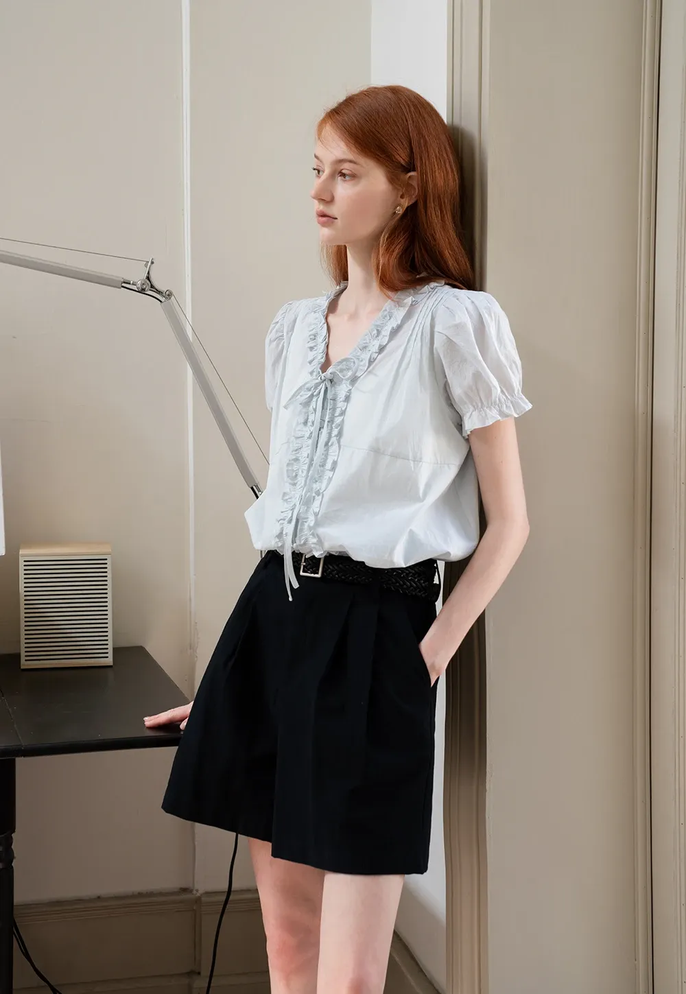 Women's Ruffle Trim Puff Sleeve Blouse