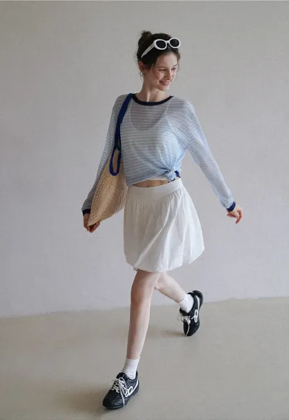 Women’s Striped Sheer Long Sleeve Knit Top