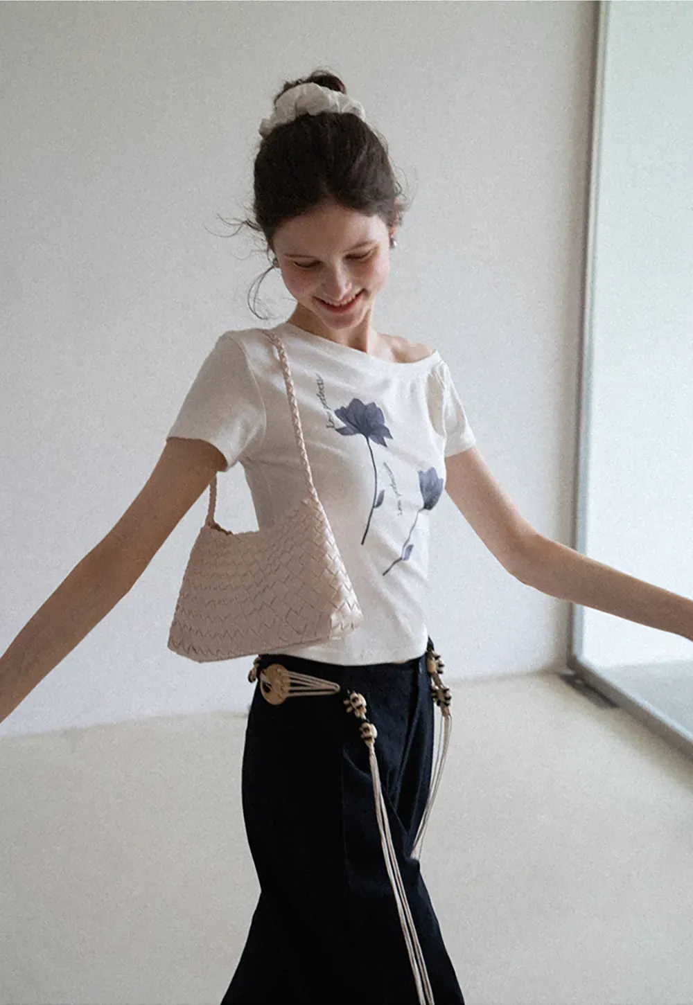 Floral Print Asymmetrical Neck Tee