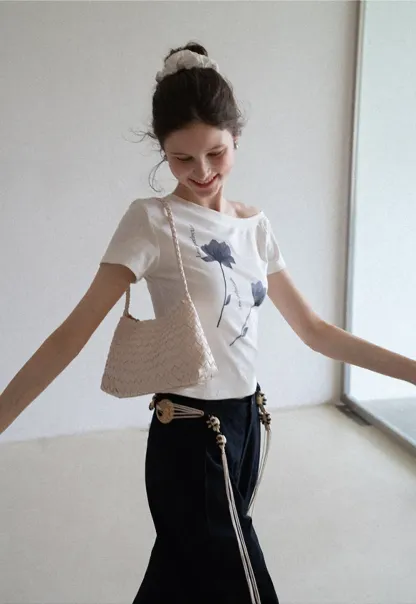 Floral Print Asymmetrical Neck Tee