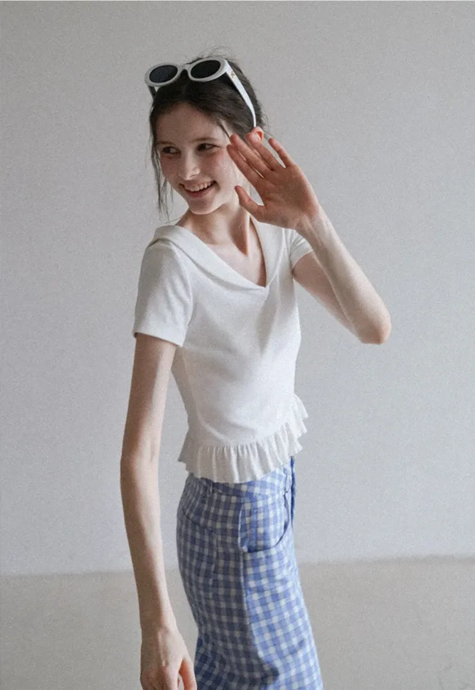 Women’s Sailor Collar Ruffle Hem Short-Sleeve Tee