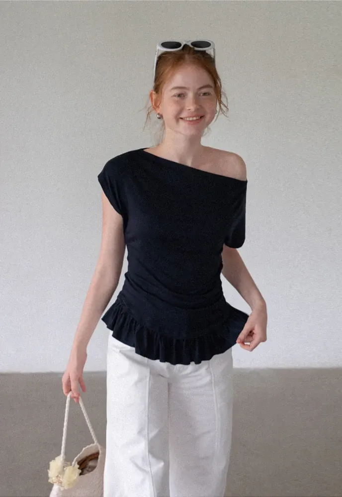 Women’s Striped Asymmetric Ruffle-Hem Tee