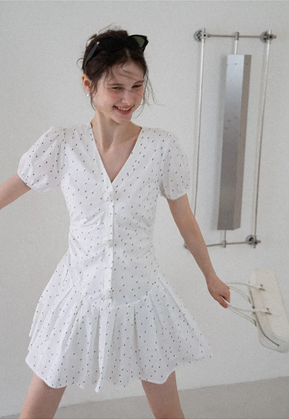 Women’s Polka Dot Ruched Button Mini Dress