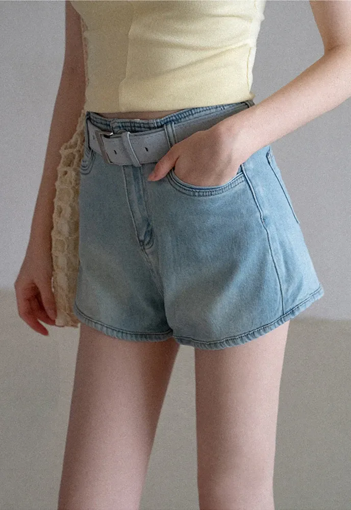 Belted High-Waist Denim Shorts
