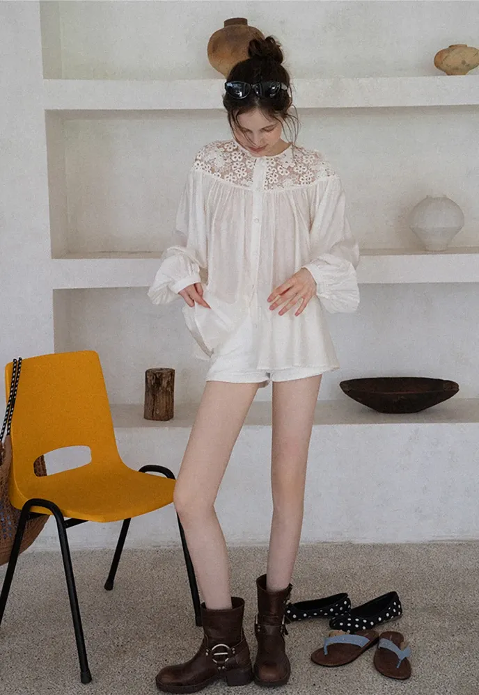 Women Lace Yoke Bishop Sleeve Button Down Blouse