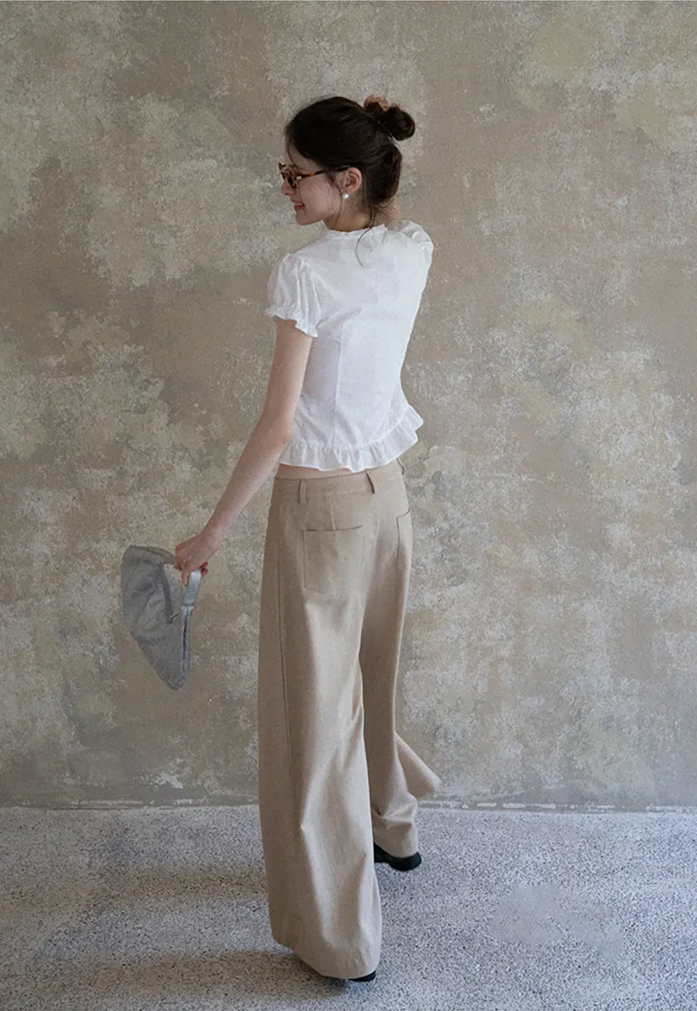 Women's Puff Sleeve Back Tie Blouse with Lace Trim