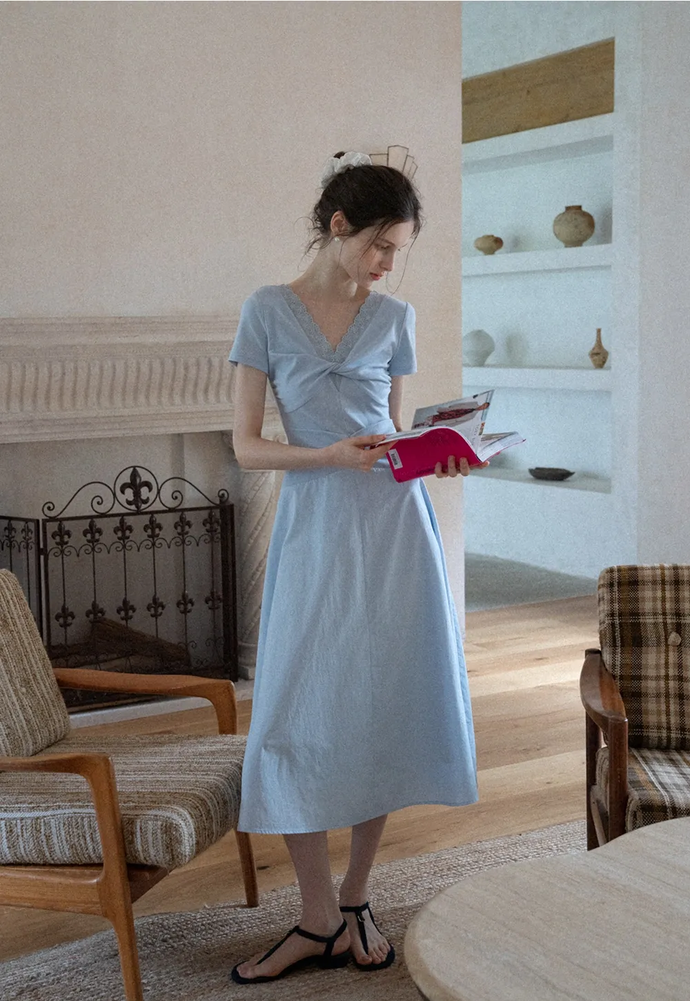 Women's Twist Front Short Sleeve Midi Dress