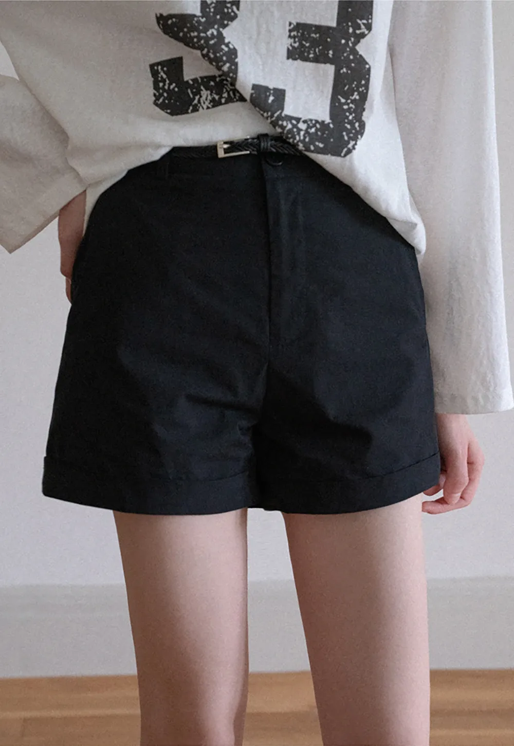 Women High Waist Belted Cuffed Chino Shorts with Pocke