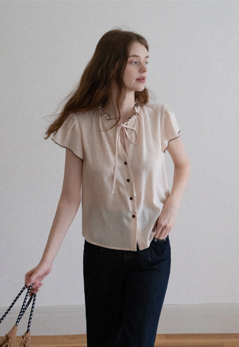 Women Ruffle Tie Neck Flutter Sleeve Button Down Blouse