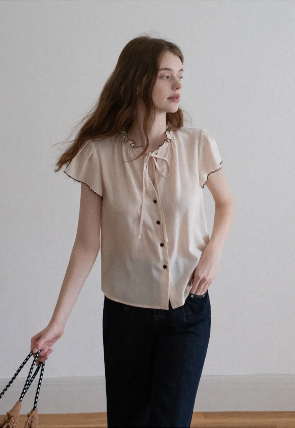 Women Ruffle Tie Neck Flutter Sleeve Button Down Blouse