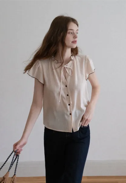 Women Ruffle Tie Neck Flutter Sleeve Button Down Blouse