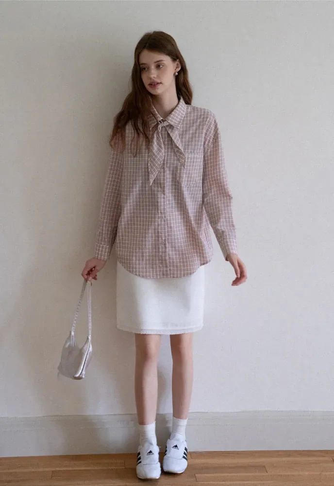 Women Plaid Tie‑Neck Shirt