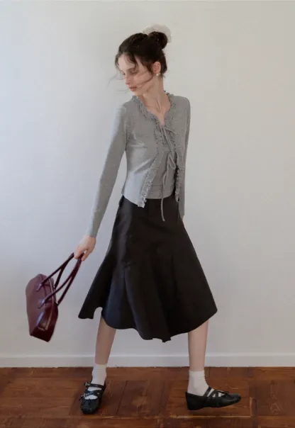 Women's Ruffle Trim Knit Top with Front Tie