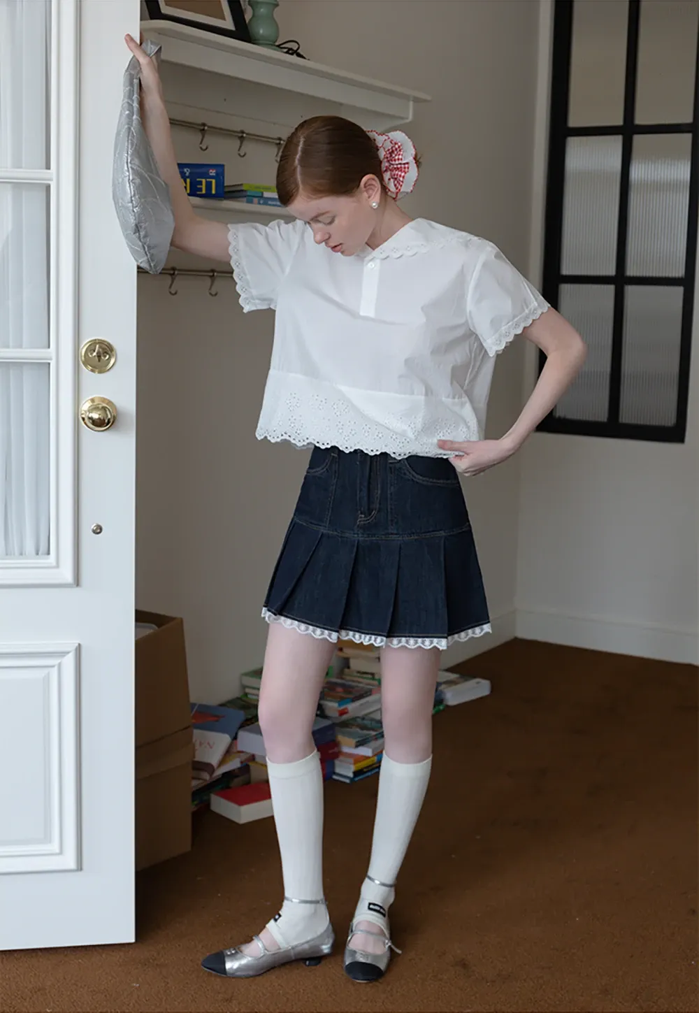 Women’s Pleated Denim Mini Skirt with Lace Trim