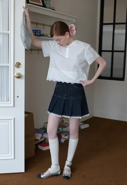 Women’s Pleated Denim Mini Skirt with Lace Trim