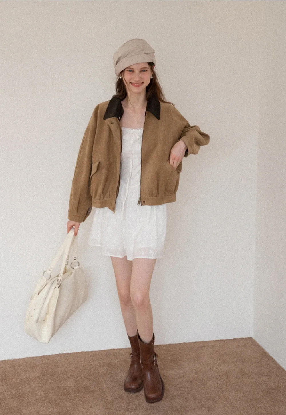 Women's Contrast Collar Faux-Suede Bomber Jacket