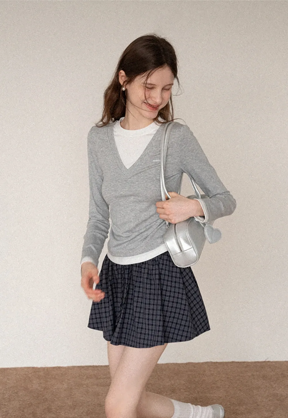 Women's Layered V-Neck Ruched Long Sleeve Top