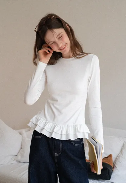 Women's Ruffled Hem Long Sleeve Tee