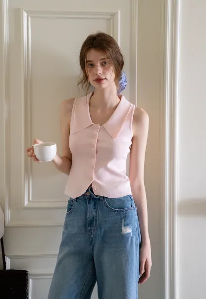 Collared Sleeveless Knit Top