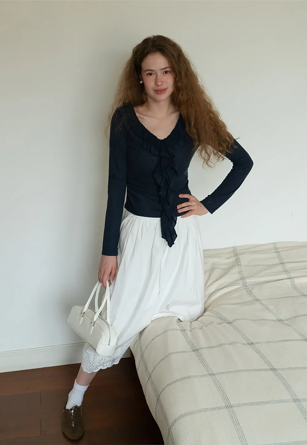 Ruffled V-Neck Long Sleeve Top