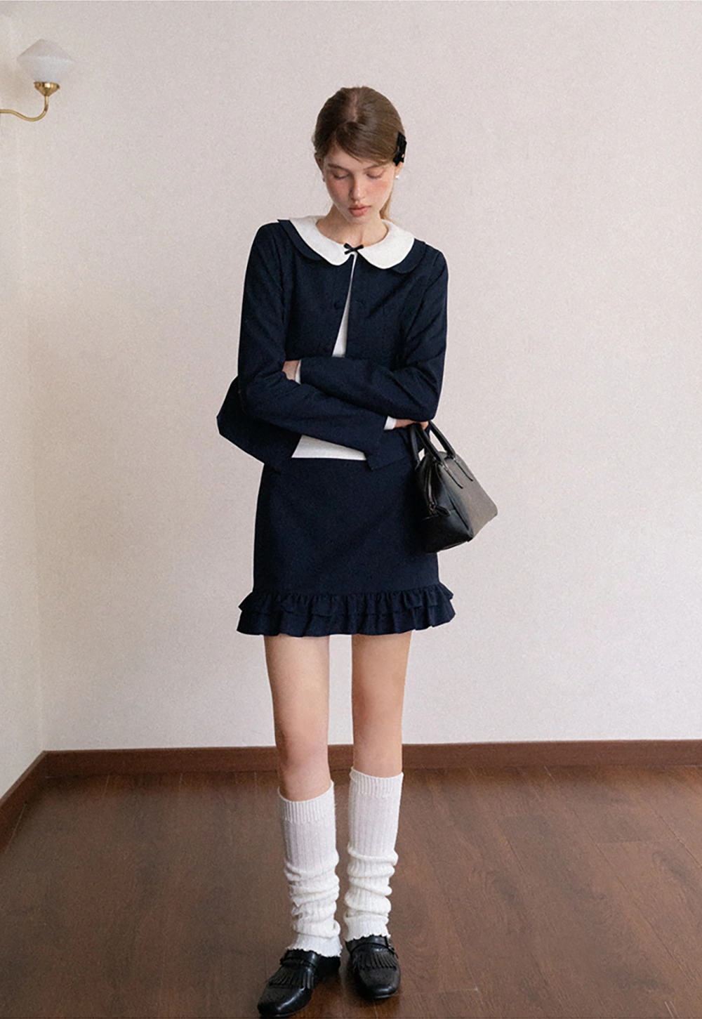 Womens Peter Pan Collar Jacket and Ruffle Hem Skirt Set