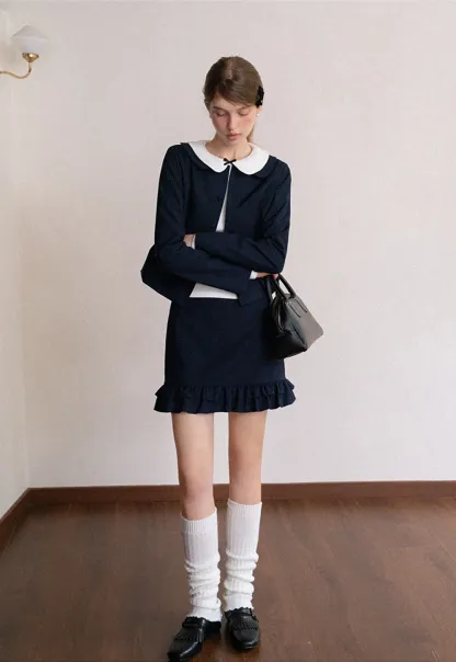 Womens Peter Pan Collar Jacket and Ruffle Hem Skirt Set