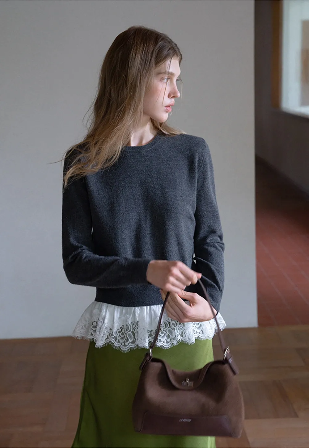 Womens Knit Sweater with Lace Hem