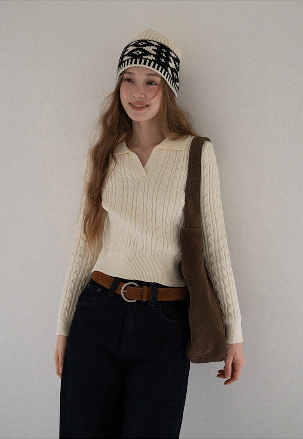 Women Cable Knit Polo Sweater Long Sleeve Slim Fit Pullover