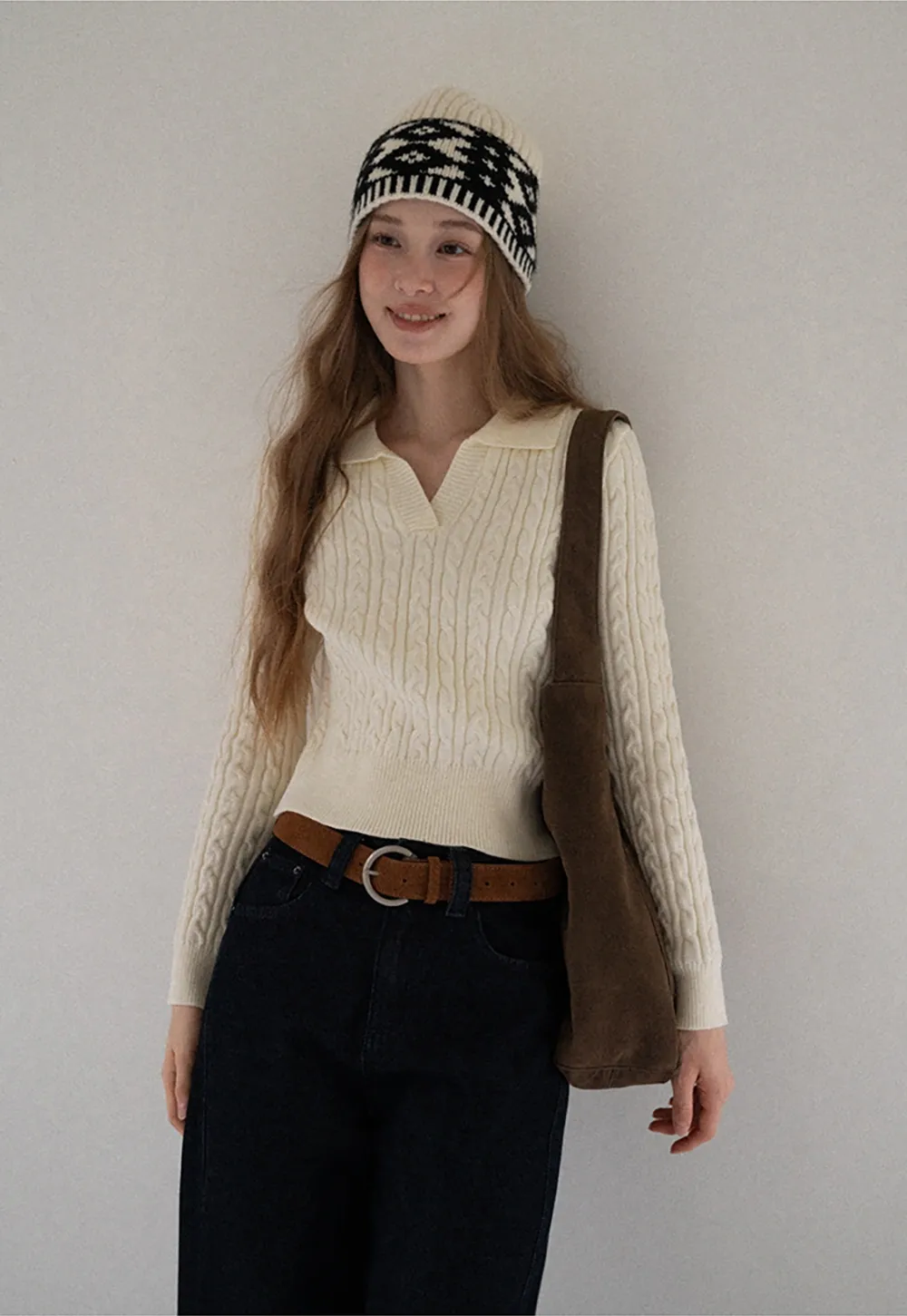 Women Cable Knit Polo Sweater Long Sleeve Slim Fit Pullover