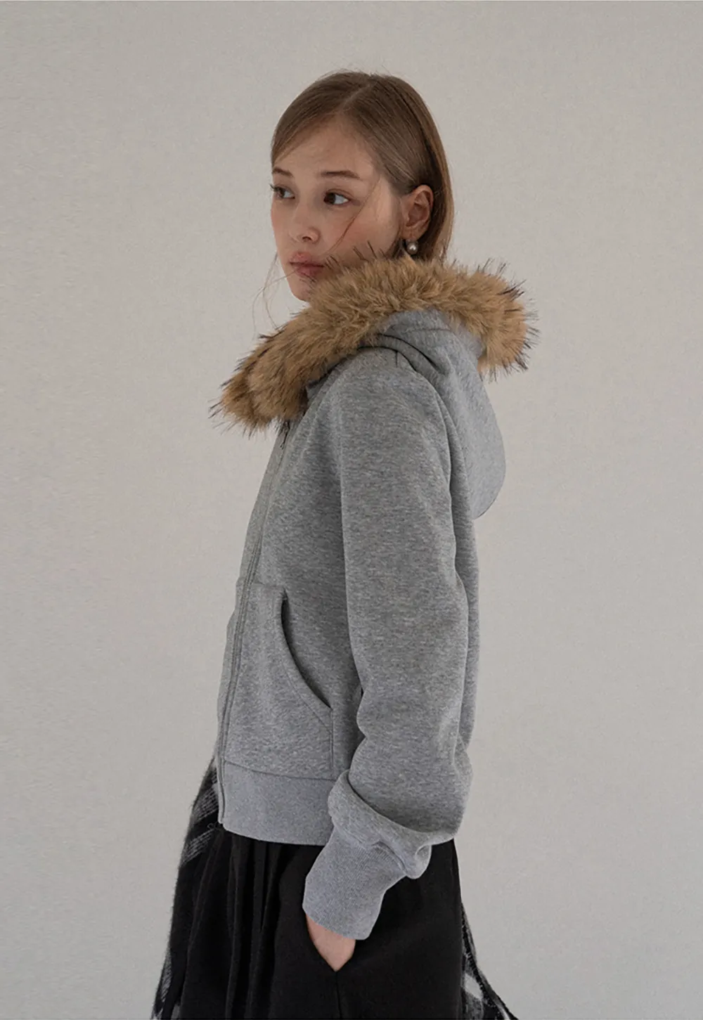 Faux Fur Trim Zip Up Hoodie