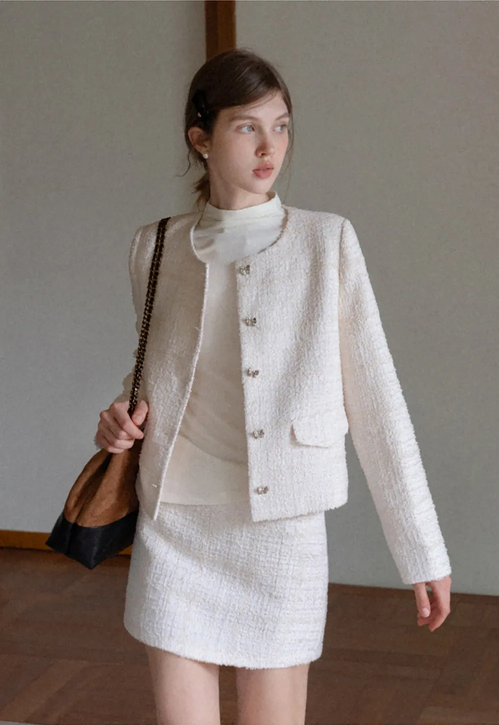 Women Cream White Lace Cuff High Neck Tee