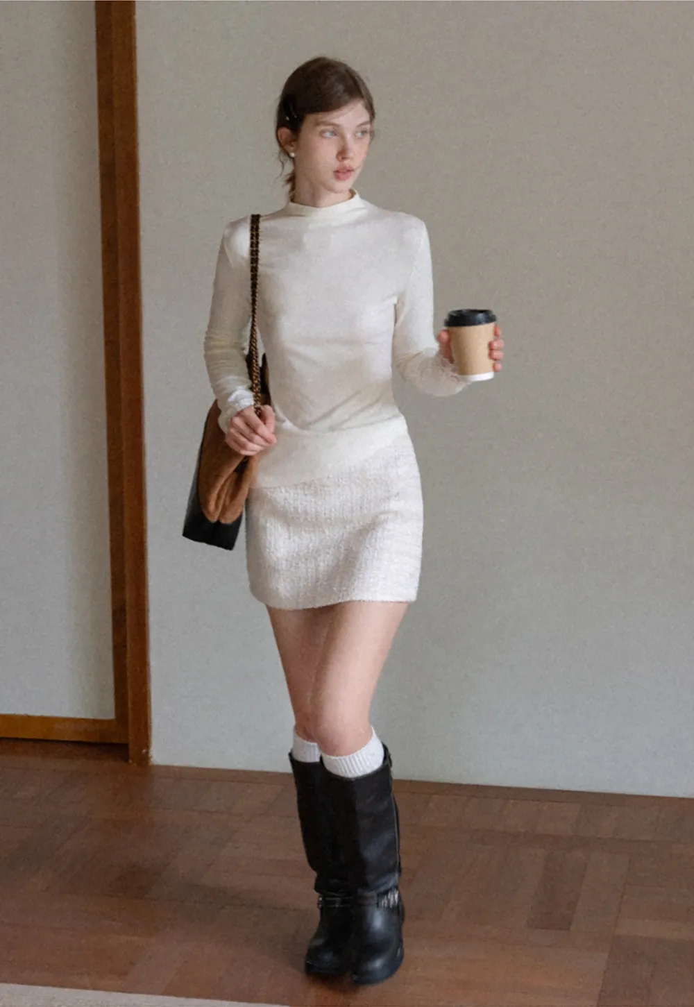 Women Elegant Tweed Skirt Suit Set with Crop Jacket