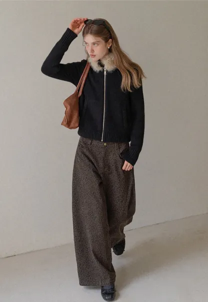 Women Faux Fur Collar Zip Up Short Jacket