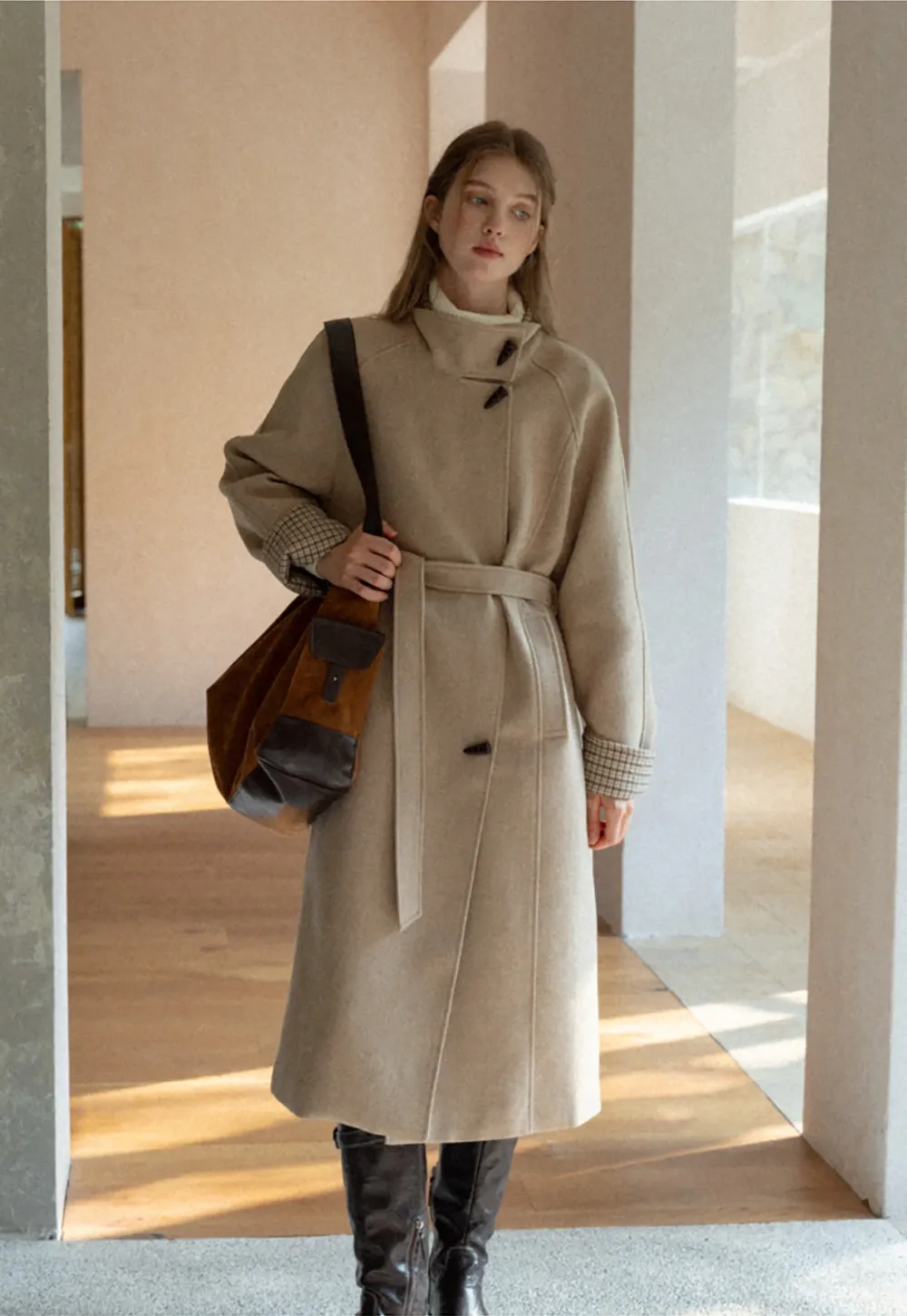 Womens Stand Collar Toggle Wool Coat with Plaid Trim