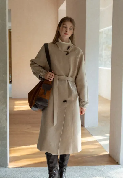 Womens Stand Collar Toggle Wool Coat with Plaid Trim