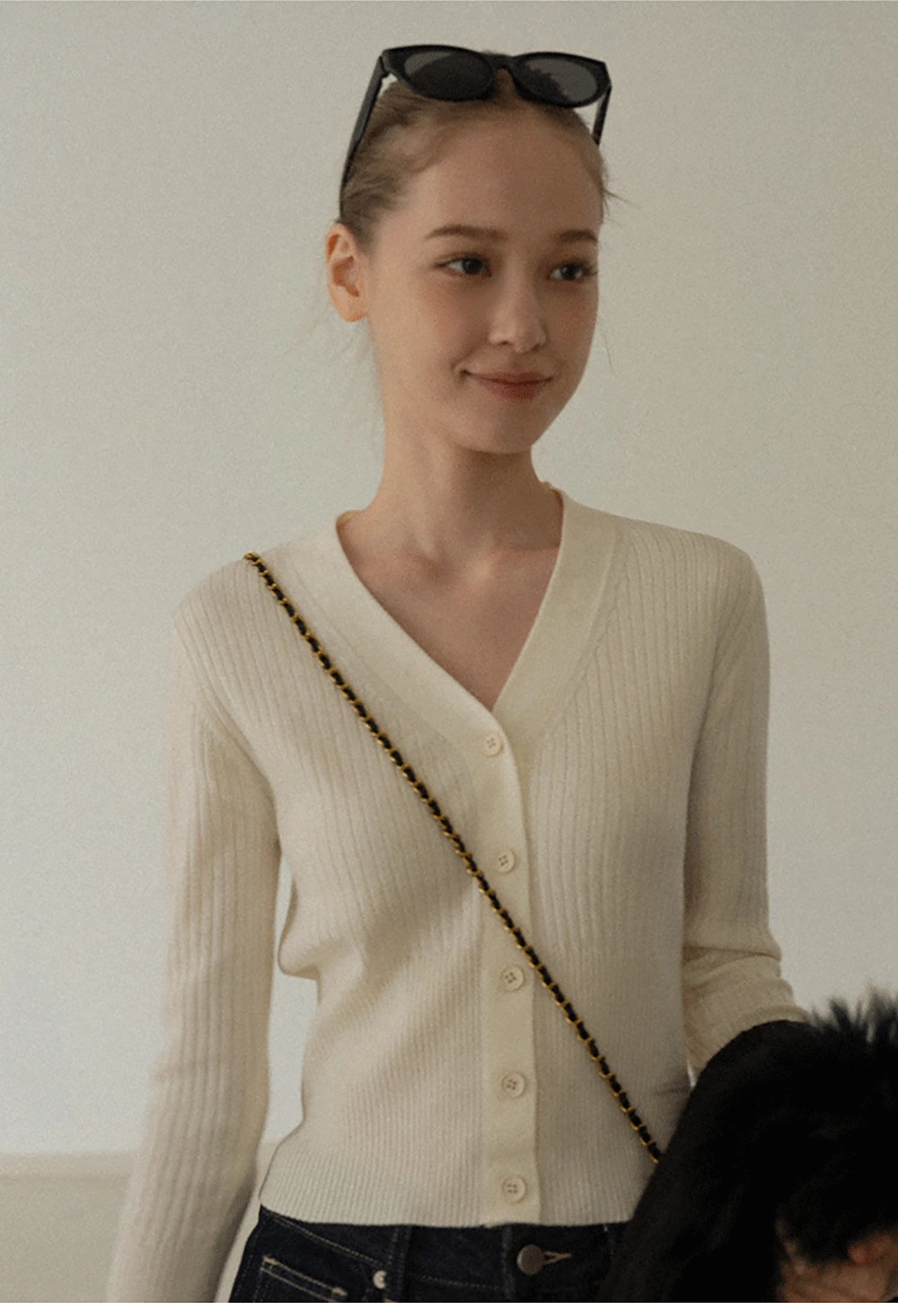 Women’s Ribbed V-Neck Cardigan with Button Detail