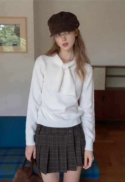 Womens Knit Sweater with Tie Neck