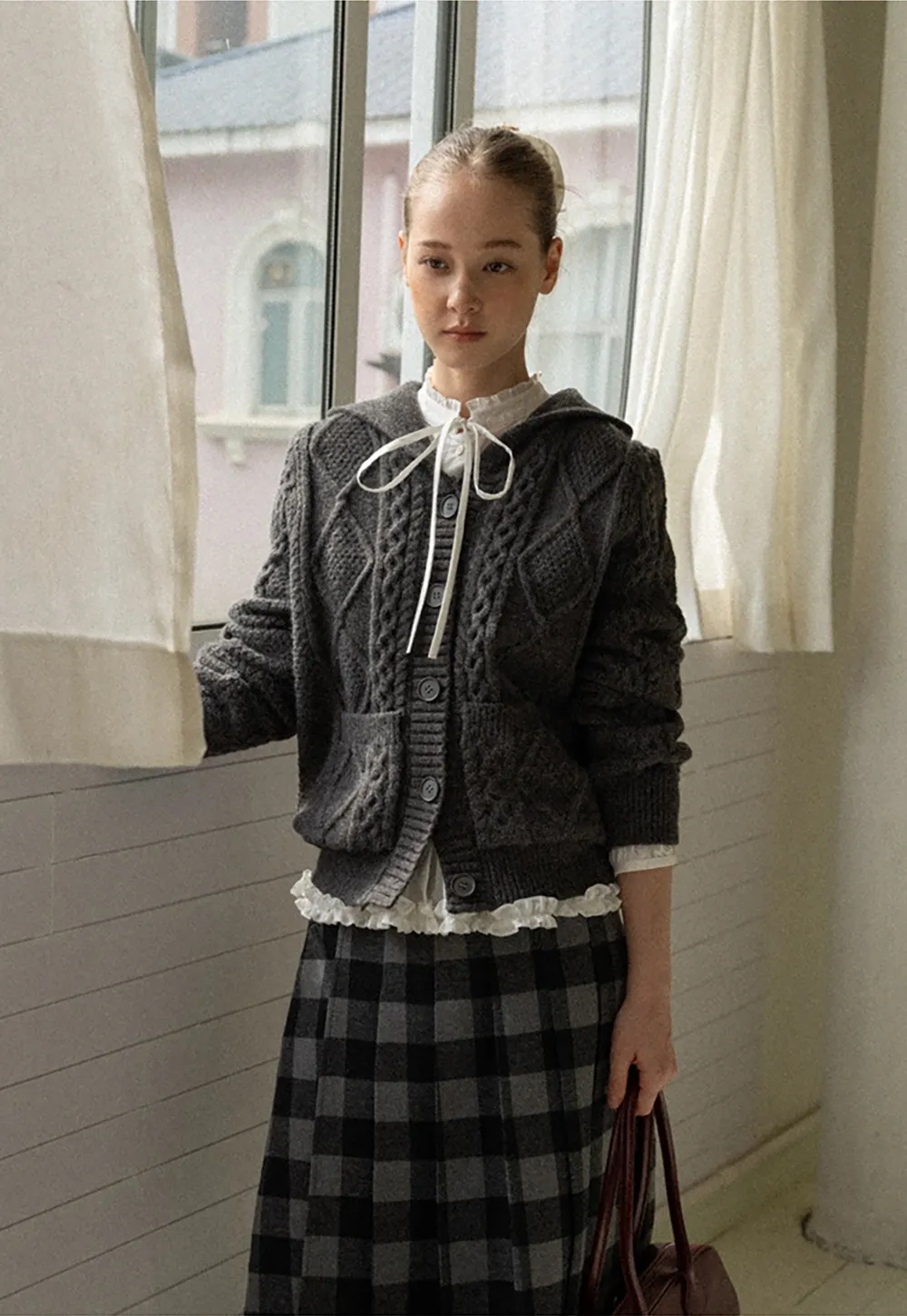 Classic Cable Knit Cardigan with Hood and Button Closure