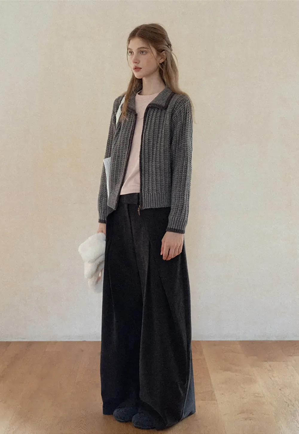 Contrast Trim Zip-Up Knit Cardigan