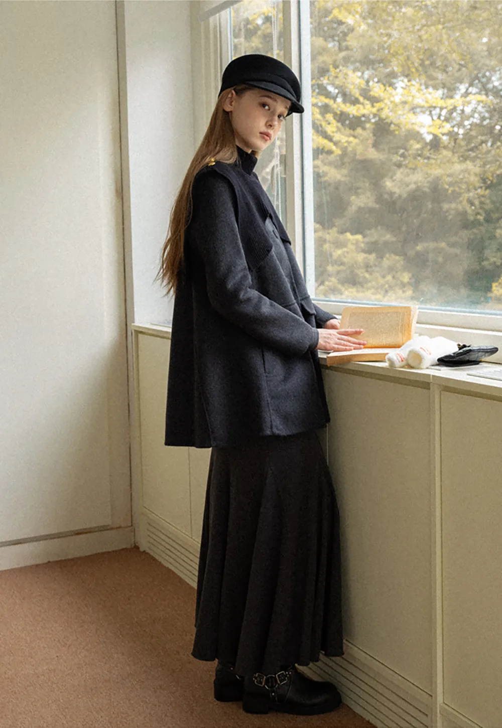 Ruched Waist Long Sleeve Midi Dress