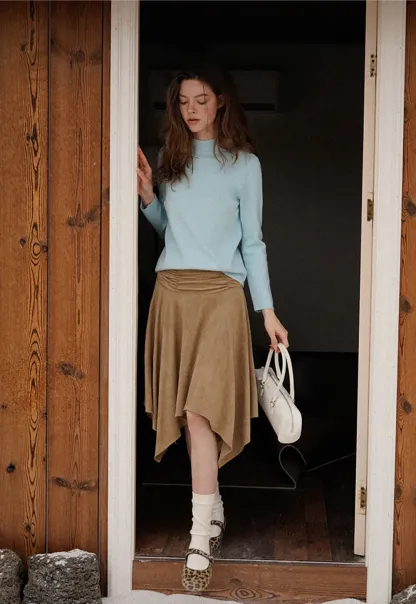 Ruched Waist Asymmetric Midi Skirt